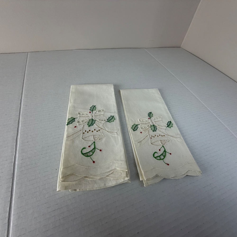 Vintage Dinner Napkins Linen Embroidery White Winter Bells & Holly Set of 2
